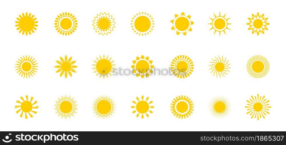 Bright sun icons set vector. Sunset logo in various design on white isolated background.. Sun icon silhouette. Climate, weather elements.. Bright sun icons set vector. Sunset logo in various design on white isolated background.