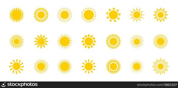 Bright sun icons set vector. Sunset logo in various design on white isolated background.. Sun icon silhouette. Climate, weather elements.. Bright sun icons set vector. Sunset logo in various design on white isolated background.