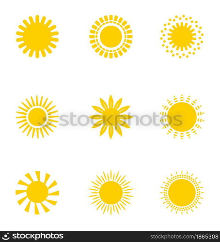 Bright sun icons set vector. Sunset logo in various design on white isolated background.. Sun icon silhouette. Climate, weather elements.. Bright sun icons set vector. Sunset logo in various design on white isolated background..