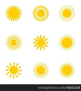 Bright sun icons set vector. Sunset logo in various design on white isolated background.. Sun icon silhouette. Climate, weather elements.. Bright sun icons set vector. Sunset logo in various design on white isolated background..