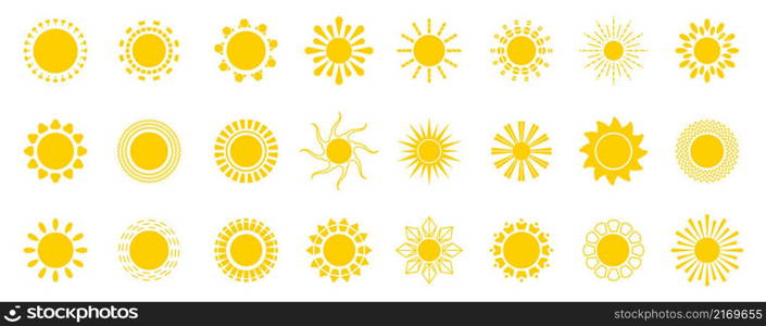 Bright sun icons set vector. Sunset logo in various design on white isolated background. Yellow sun icon silhouette. Climate, weather, rays elements.. Bright sun icons set vector. Sunset logo in various design on white isolated background.