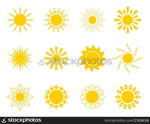 Bright sun icons set vector. Sunset logo in various design on white isolated background. Yellow sun icon silhouette. Climate, weather, rays elements.. Bright sun icons set vector. Sunset logo in various design on white isolated background.
