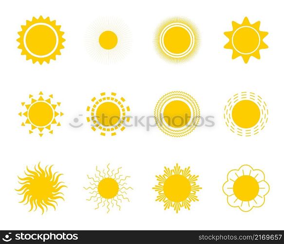 Bright sun icons set vector. Sunset logo in various design on white isolated background. Yellow sun icon silhouette. Climate, weather, rays elements.. Bright sun icons set vector. Sunset logo in various design on white isolated background.