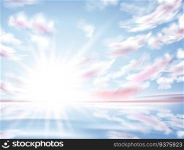 Bright sun shining in the sky, haven like scenery with cloudy sky and clear lake. Bright sun shining in the sky