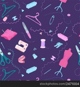 Bright tailoring elements pattern with sewing equipment tools and accessories on purple background vector illustration. Bright Tailoring Elements Pattern
