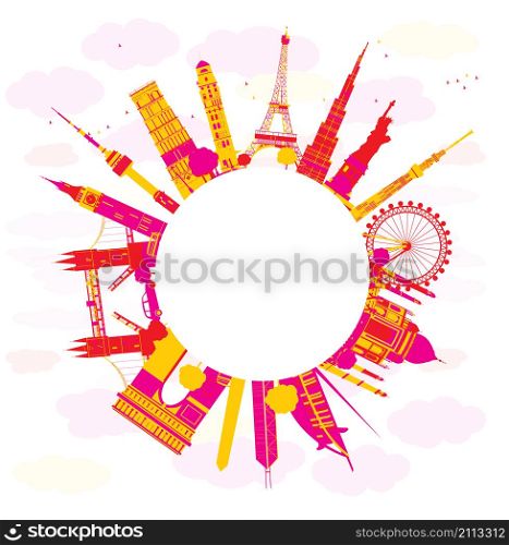 Bright Travel concept around the world with famous international landmarks. Vector illustration