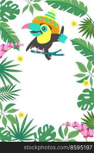 Bright tropical background with a cheerful toucan in a hat. Vector illustration with an empty space for text.. Bright tropical background with a cheerful toucan. Vector illustration.