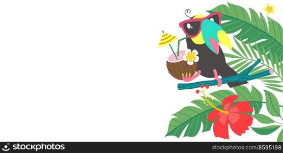Bright tropical background with a cheerful toucan in sunglasses with a tropical cocktail. Vector illustration with an empty space for text.. Bright tropical background with a cheerful toucan. Vector illustration.