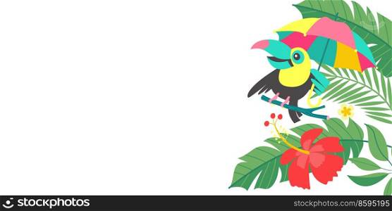 Bright tropical background with a cheerful toucan under a bright umbrella. Vector illustration with an empty space for text.. Bright tropical background with a cheerful toucan. Vector illustration.