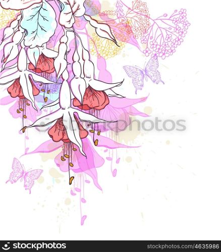 Bright tropical background with flowers and butterflies. Abstract floral background. Hand drawn vector illustration.