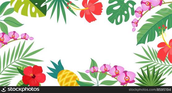 Bright tropical background with tropical leaves, bright flowers and pineapple. Vector illustration with an empty space for text.. Bright tropical background with empty space for text. Vector illustration.