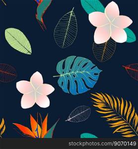 Bright tropical seamless pattern on a dark blue background. Exotic trend pattern with rich accents. Monstera leaves, frangipani flowers. EPS8 vector illustration