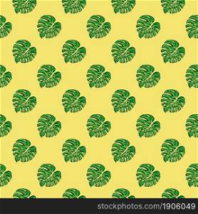 Bright tropical seamless pattern with monstera leaves on yellow background. Botanical foliage plants wallpaper. Exotic hawaiian backdrop. Design for fabric, textile print, wrapping, cover.. Bright tropical seamless pattern with monstera leaves on yellow background. B