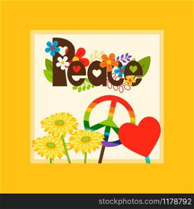 Bright vector card template with hippie style peace and peace symbols. Hippie style peace symbol card