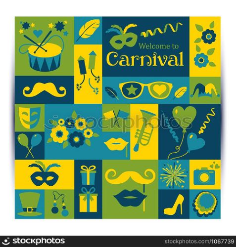 Bright vector carnival card and sign Welcome to Carnival. Retro style.. Bright vector carnival card