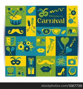 Bright vector carnival card and sign Welcome to Carnival. Retro style.. Bright vector carnival card