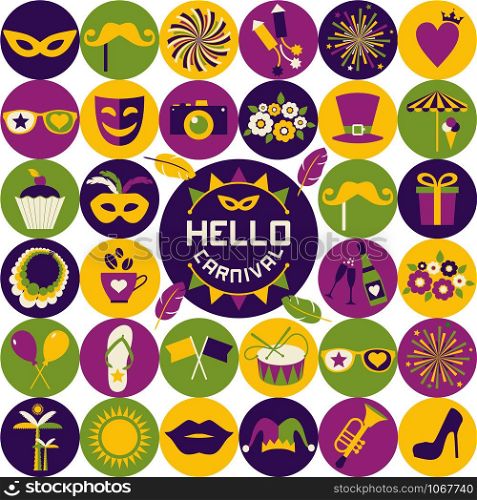 Bright vector carnival icons. Color icons in cirlles.. Bright vector carnival icons.
