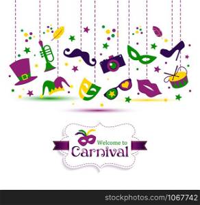 Bright vector carnival with icon in flat style and sign Welcome to Carnival. Vector design illustration of celebration.. Bright vector carnival with icon in flat style and sign Welcome