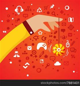 Bright vector illustration hand men in business suit holding a rope yo-yo on a red background with different gaming and office icons