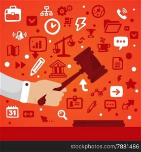 Bright vector illustration male hand holding a gavel on a red background with different legal application icons