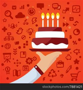 Bright vector illustration male hand holds tray with big cake on red background with different application icons