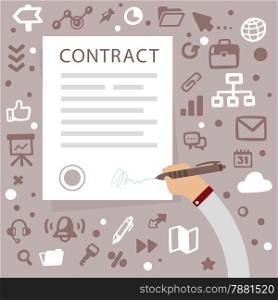 Bright vector illustration male hand writes contact on a gray background with different financial application icons
