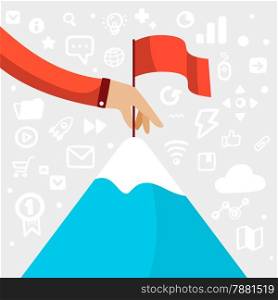 Bright vector illustration man&rsquo;s hand holding a red flag and puts it on top of the blue mountains on a gray background with different application icons