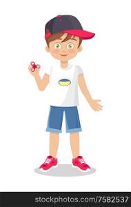 Bright vector illustration of little boy with spinner clothed on summer t-shirt, jeans shorts, red sneakers and cap. Vector Template of Little Boy withSpinner Toy