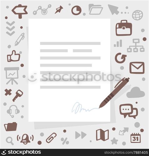 Bright vector illustration pen writes contact on a gray background with different financial application icons