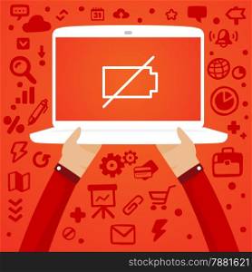 Bright vector illustration two male hands holding a laptop with uncrossed charge indicator on the screen on a red background with different application icons
