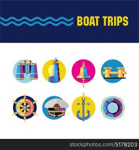 Bright vector round icons. Boat trips. Binoculars, lighthouse, ship bell, ship wheel, captain&rsquo;s cap, anchor, life buoy.