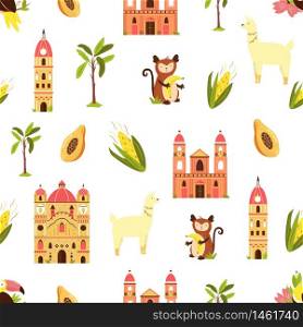 Bright vector seamless pattern with South American symbols, animals, buildings. Bright vector seamless pattern with South American symbols
