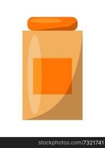 Bright vial template, colorful vector illustration isolated on white background, bottle with orange cover and square label, cylindrical shape vial. Bright Vial Template, Colorful Vector Illustration