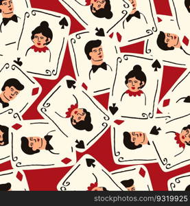 Bright vibrant pattern with Playing cards with Jack and Queen of Spades. Playing cards background. Bright vibrant pattern with Playing cards with Jack and Queen of Spades.