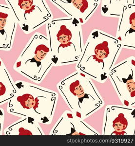 Bright vibrant pattern with Playing cards with Jack and Queen of Spades. Playing cards background. Bright vibrant pattern with Playing cards with Jack and Queen of Spades.