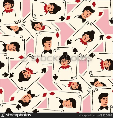 Bright vibrant pattern with Playing cards with Jack and Queen of Spades. Playing cards background. Bright vibrant pattern with Playing cards with Jack and Queen of Spades.