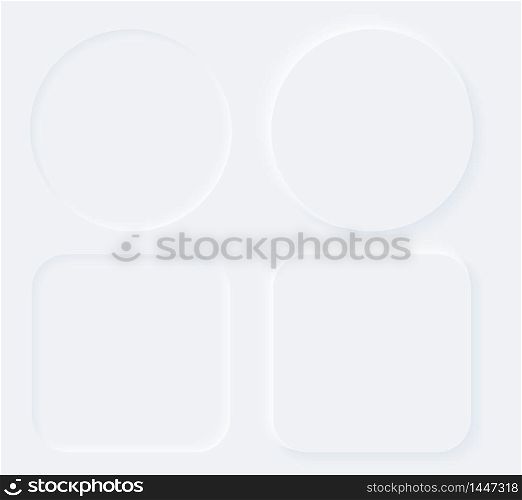 Bright white gradient buttons. Internet symbols on a background. Neumorphic effect icons. Shaped figure in trendy soft 3D style. Circle ellipse and cube set