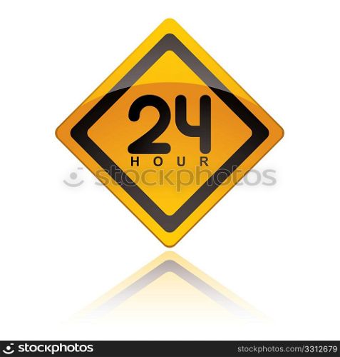 bright yellow 24 hour icon symbol with reflection in white background
