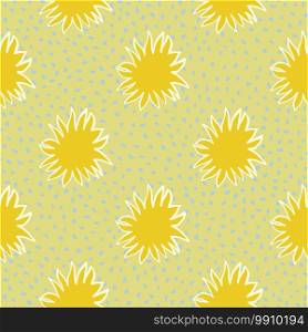 Bright yellow abstract sun stars doodle seamless pattern. Cartoon childish ornament on pale dotted background. Perfect for fabric design, textile print, wrapping, cover. Vector illustration.. Bright yellow abstract sun stars doodle seamless pattern. Cartoon childish ornament on pale dotted background.
