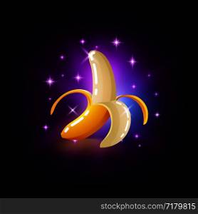 Bright yellow banana fruit with sparkles, slot icon for online casino or logo for mobile game on dark purple background, vector illustration. Bright yellow banana fruit with sparkles, slot icon for online casino or logo for mobile game on dark purple background, vector illustration.