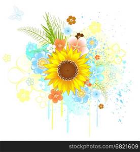 bright yellow, blooming sunflower field with blue and orange flowers on a white background splodgy yellow and blue paint &#xA;