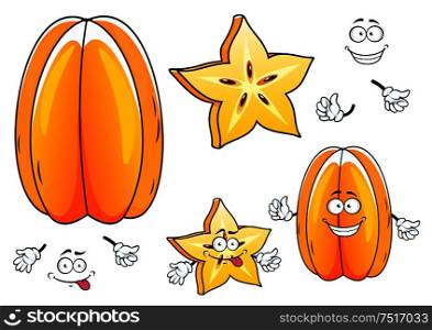 Bright yellow ribbed fruit and juicy star shaped slice of exotic carambola fruit cartoon characters with funny smiling faces. May be used as tropical cocktail recipe and vegetarian dessert design. Juicy tropical carambola fruit cartoon characters