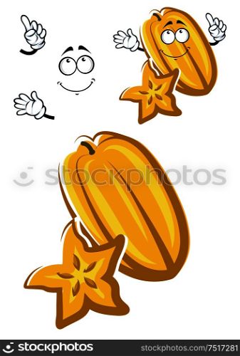 Bright yellow, shiny skinned cartoon carambola fruit character with thick and fleshy ribs. May be use as tropical cocktail recipe, fruit beverages or vegetarian dessert design. Cartoon carambola fruit with star shaped slice