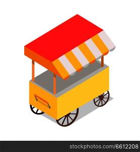 Bright yellow street food trolley with tent isolated on white background. Fast way to have snack right on street. Streetfood trolley with icecream, cotton candies, sandwiches or hamburgers. Streetfood Trolley with Tent Isolated illustration