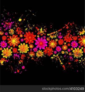 brightly colored floral ink splat design with black background