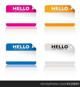 Brightly coloured name tag card with corner curl and shadow reflection