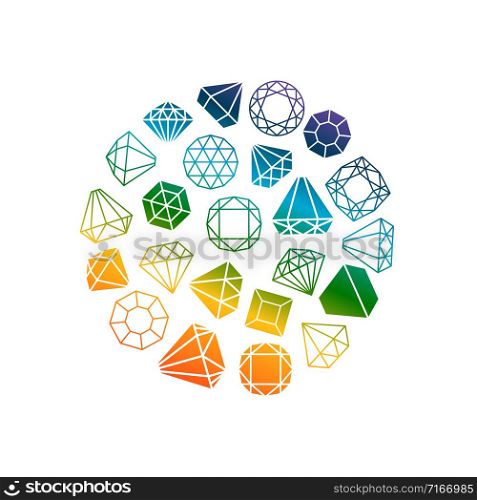 Brilliants, diamonds icons round banner on white background, vector illustration. Diamonds icons round banner