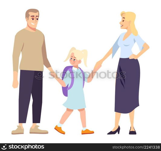 Bringing child to school on first day semi flat RGB color vector illustration. Joyful family holding each other hands isolated cartoon characters on white background. Bringing child to school on first day semi flat RGB color vector illustration