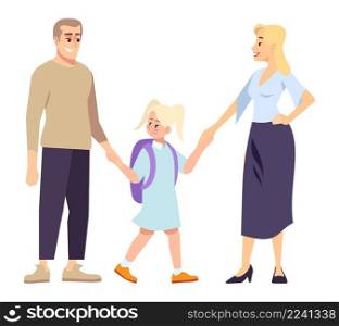 Bringing child to school on first day semi flat RGB color vector illustration. Joyful family holding each other hands isolated cartoon characters on white background. Bringing child to school on first day semi flat RGB color vector illustration