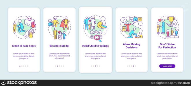 Bringing up tips onboarding mobile app page screen. Child mental health walkthrough 5 steps graphic instructions with concepts. UI, UX, GUI vector template with linear color illustrations. Bringing up tips onboarding mobile app page screen